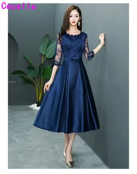 

Vintage Tea Length Navy Blue A-line Short Modest Bridesmaid Dresses With 3/4 Sleeves Satin Women Informal Wedding Party Dress