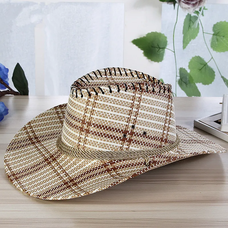 Men Plaid Straw Cowboy Hat With Rope Women Wide Brim Western Cap Chin