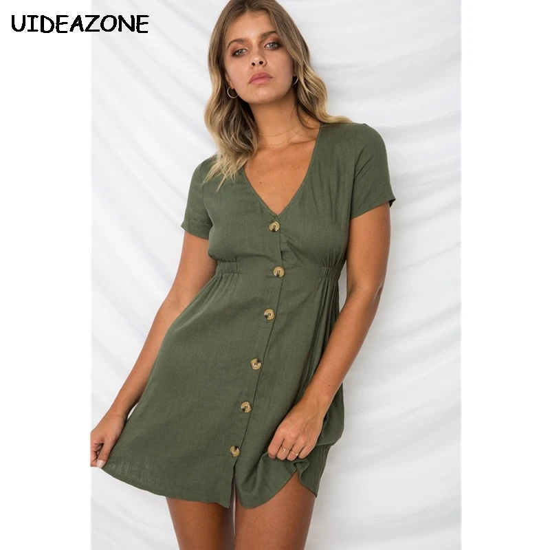 

Women Summer Solid Color Dress V-Neck With Button Short Sleeve Dress Women Femme Vestidos Verano 2019 Casual Slim Dress