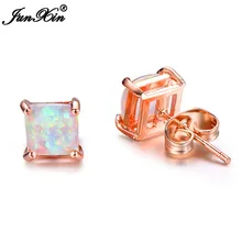 JUNXIN Модные женские 4/5/6/7 мм Площади Серьги Boho Белый огненный опал серьги для Для женщин розовое золото Заполненные ювелирные изделия