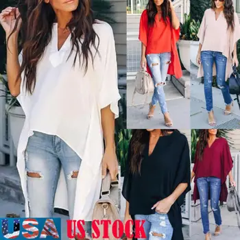 Blusas de verano 2019 para mujer, Túnica suave de gasa con cuello en V Irregular elegante, camiseta Casual de media manga de murciélago transpirable sólido