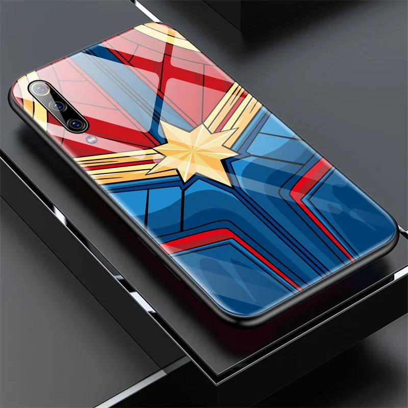 Чехол для телефона Marvel Железный человек Бэтмен стекло для Xiaomi mi 8 9 SE Lite F1 9T красный mi Note 5 6 7 8 Pro Plus чехол Капитан Америка - Цвет: Captain Marvel 1