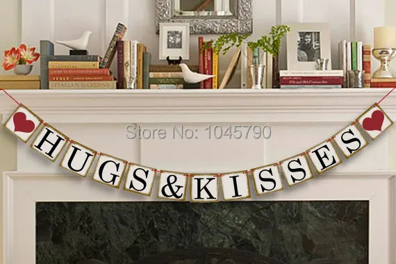 

Free Shipping 1 XGolden Side HUGS&KISSES Bunting Banner Wedding Photo Booth Props Party Decoration Supplies