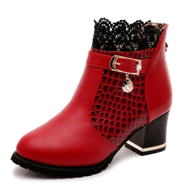 COVOYYAR/ г. Ботильоны со змеиным узором пикантные женские ботинки на толстом каблуке с кружевными манжетами осенне-зимняя модная женская обувь черного и красного цвета, WBS324 - Цвет: Красный