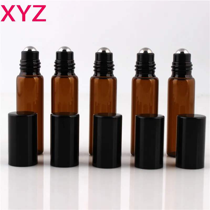 100Pcs / Lot 5ml Brown Glass Essential Oil Perfume Bottle Stainless Steel Roller Cosmetic Massage Container