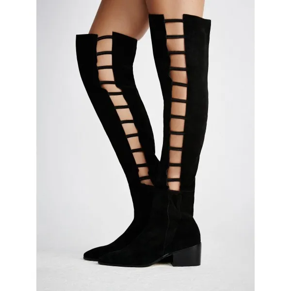 black_long_boots_suede_round_toe_flat_knee-high_boots_2_
