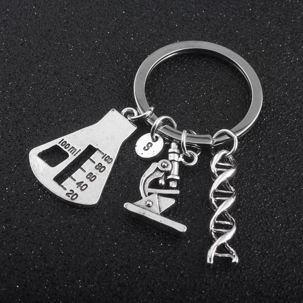 

Father's Day Chemical Instrument Silver Keychain Experiment Tool Microscope DNA Metal Keyring Men Women Jewelry