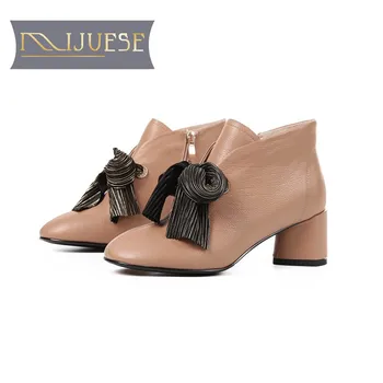

MLJUESE 2018 women ankle boots cow leather Rome style black color high heels winter short plush boots women boots size 34-40