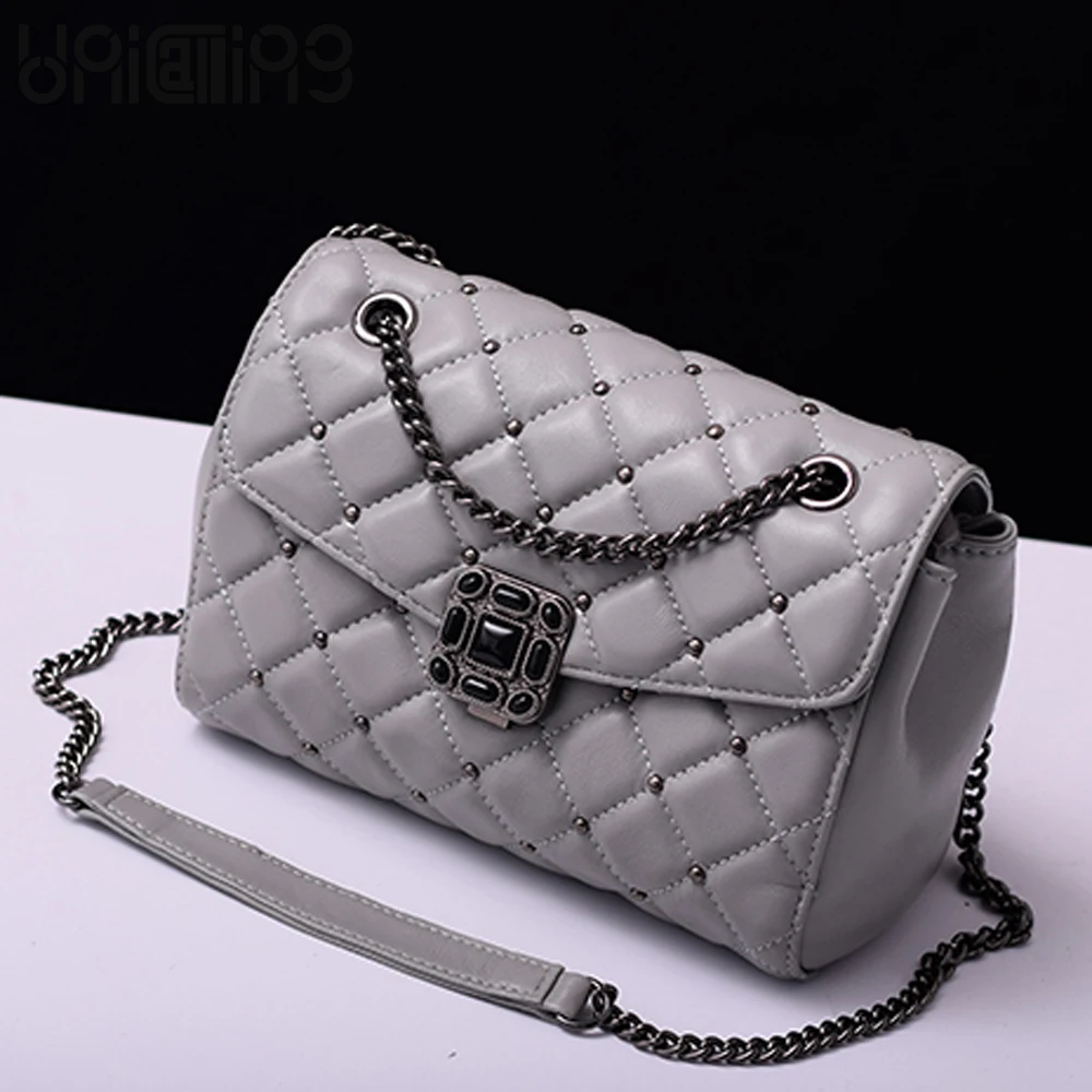 

Fashion European and American Style rivet Diamond lattice Chain mini women bag Genuine Leather sheepskin small shoulder bags