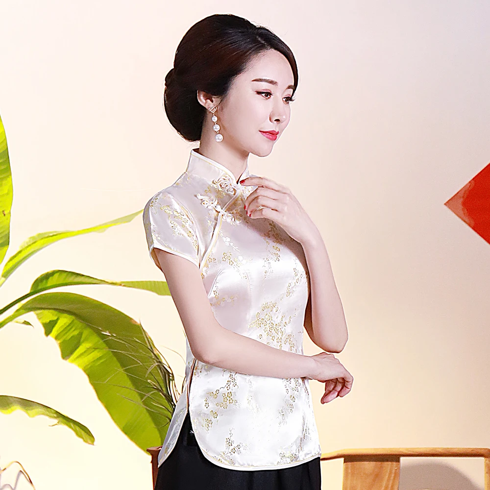 SEXY Flower Women Vintage Satin Blouse Oversize 3XL 4XL Lady Shirt Chinese Traditional Clothing Summer Short Sleeve Tops 04310