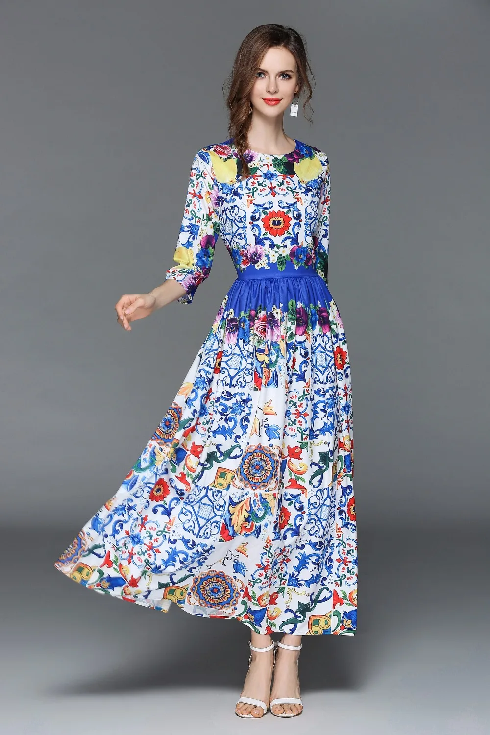 2018 Spring Runway Dresses Bohemian style Print Long Sleeves High End Women's Dress Vestidos De