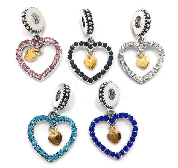 Free Shipping 2017 20pcs 32x19mm big hole double heart rhinestone pendant alloy beads fit European bracelet &amp necklace DIY | Украшения и