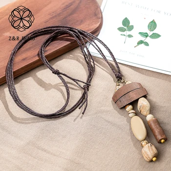 

Wooden Beads Stone Pendant for Women Long Necklace Pendant&Necklaces Handmade Fashion Jewelry Vintage Sweater Rope Chokers 2020
