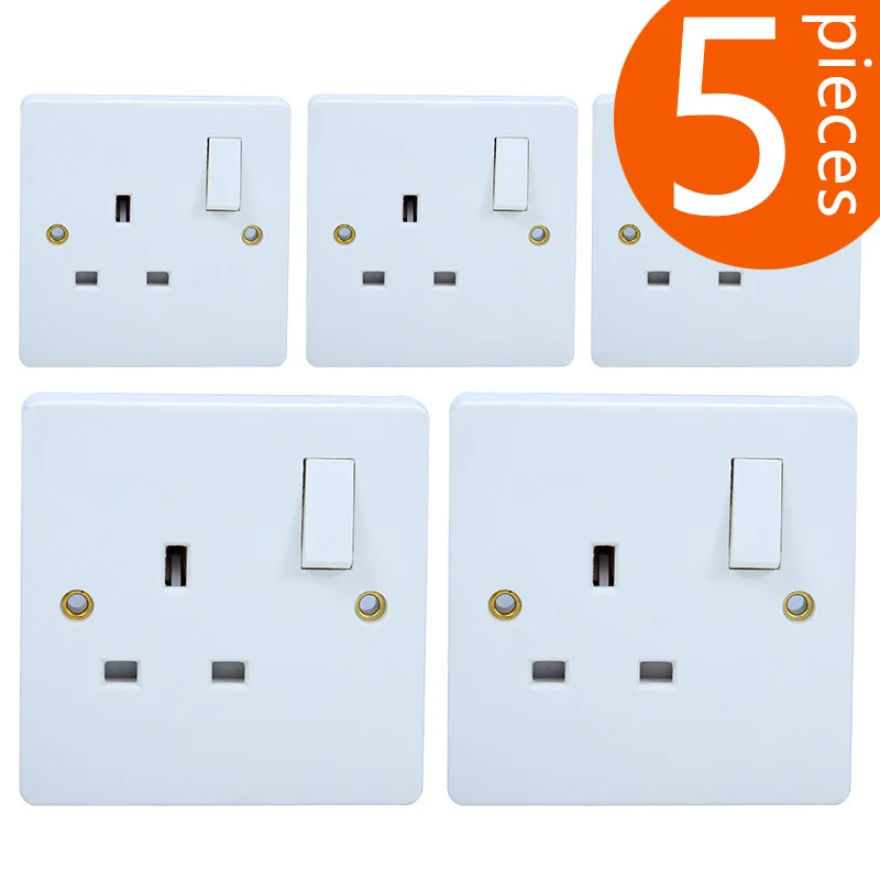 5 Pieces British Standard Wall Socket With a Switch Power Outlet White