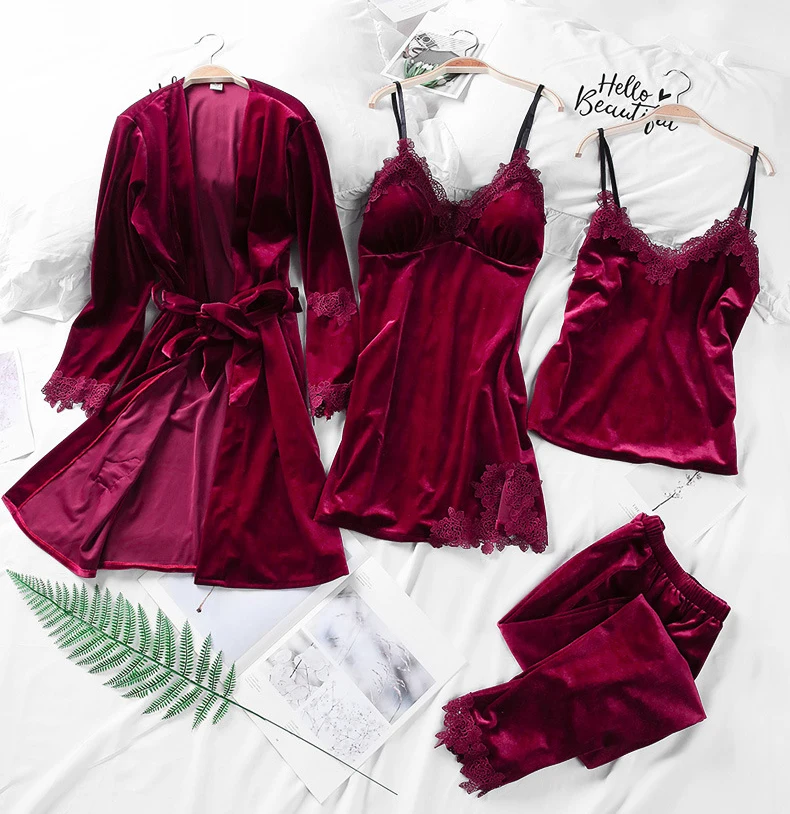 4PCS Nightdress Women Sleepwear Pajama Sets Gold Velvet Pyjama Femme Warm Winter Nightgown Home Night Dress M L XL Nightwear   2