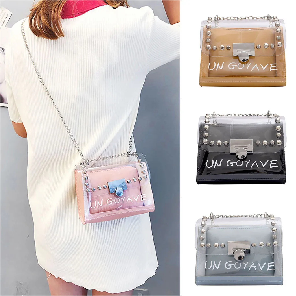 Rivet Small Square Bag Pvc Jelly Transparent Jelly Chain Bag Rivet Letter Decorative Diagonal Package
