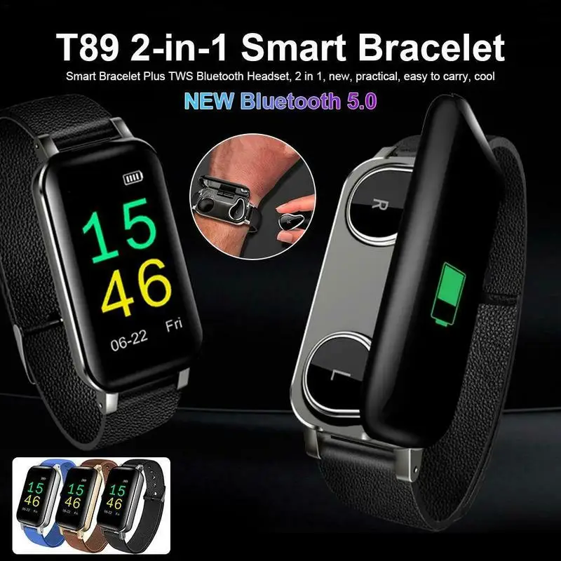 Умные Bluetooth наушники T89 TWS бинауральные фитнес браслет монитор сердечного ритма