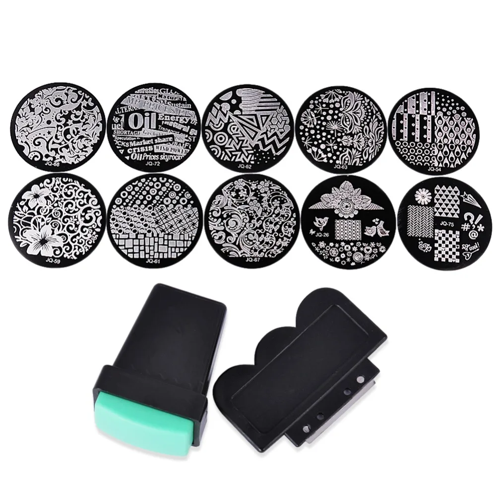 1sets Stamping Kits 10pcs Stamp+Stamper+Scraper Nail Art Round Stainless Steel Plates DIY Polish