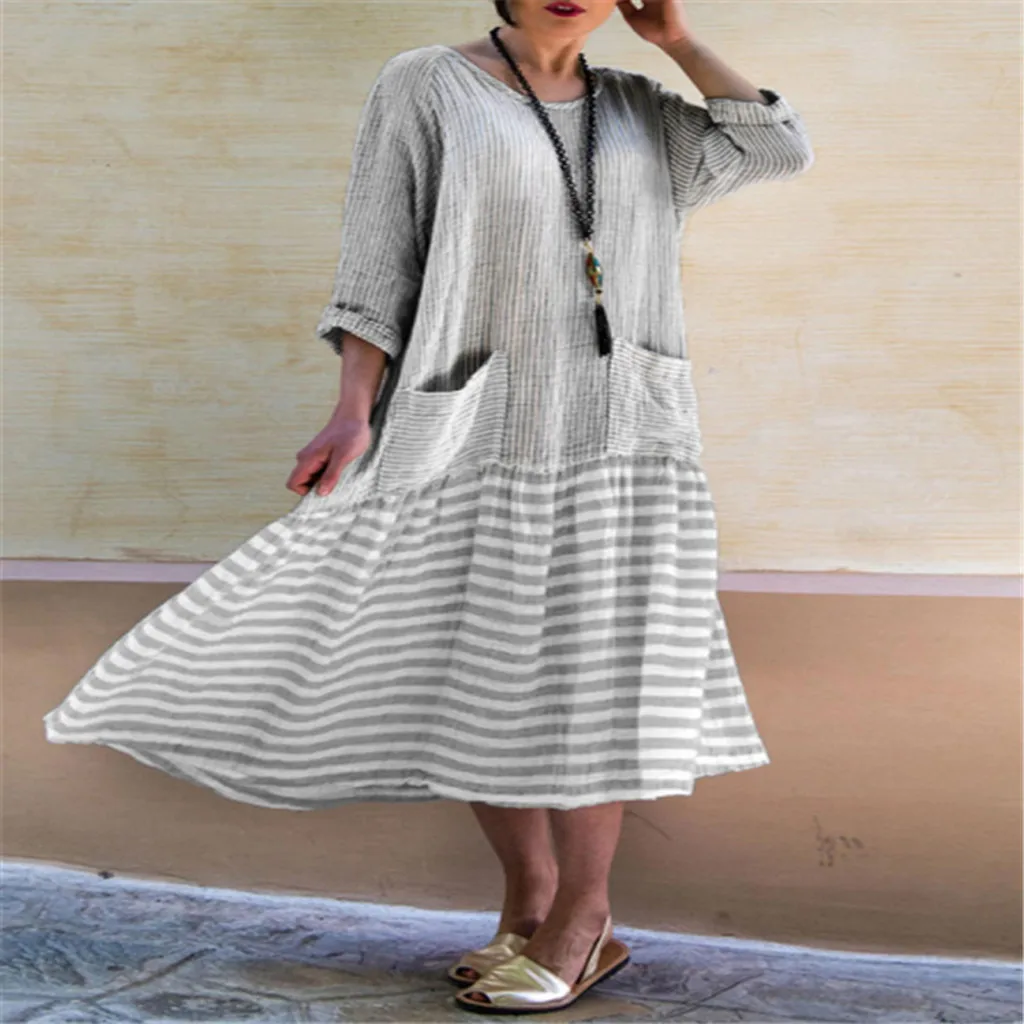 

2019 Plus Size Casual Ladies Summer Dress Fashion Women O-Neck Stripe Patchwork Pocket Easy Cotton And Linen Long Dress платье