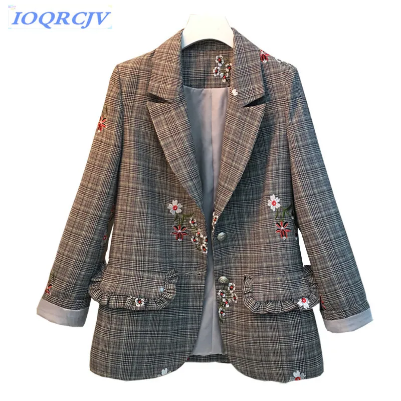 

Casual Blazers womens 2018 new Spring autumn Plus size 5XL jacket Fashion embroidery tops Plaid suit jacket Slim female N232