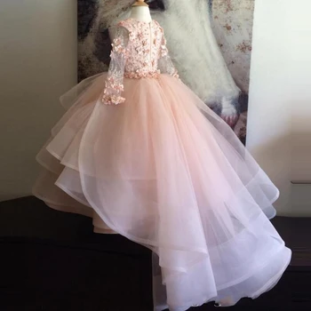 Ruffles Kids Formal Wear Gowns Girls Pageant Dresses Blush Pink Flower Girl Dresses Long Sleeves Hand Made vestido daminha Ruffles Kids Formal Wear Gowns Girls Pageant Dresses Blush Pink Flower Girl Dresses Long Sleeves Hand Made vestido daminha