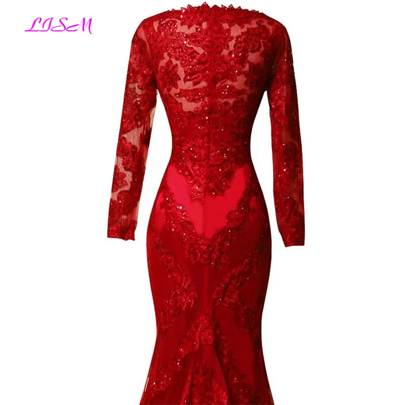 Real Photos Red Full Sleeved Evening Dress 2022 Lace Appliques Mermaid Prom Dresses Elegant Long Sweep Train Formal Party Gowns green evening gown