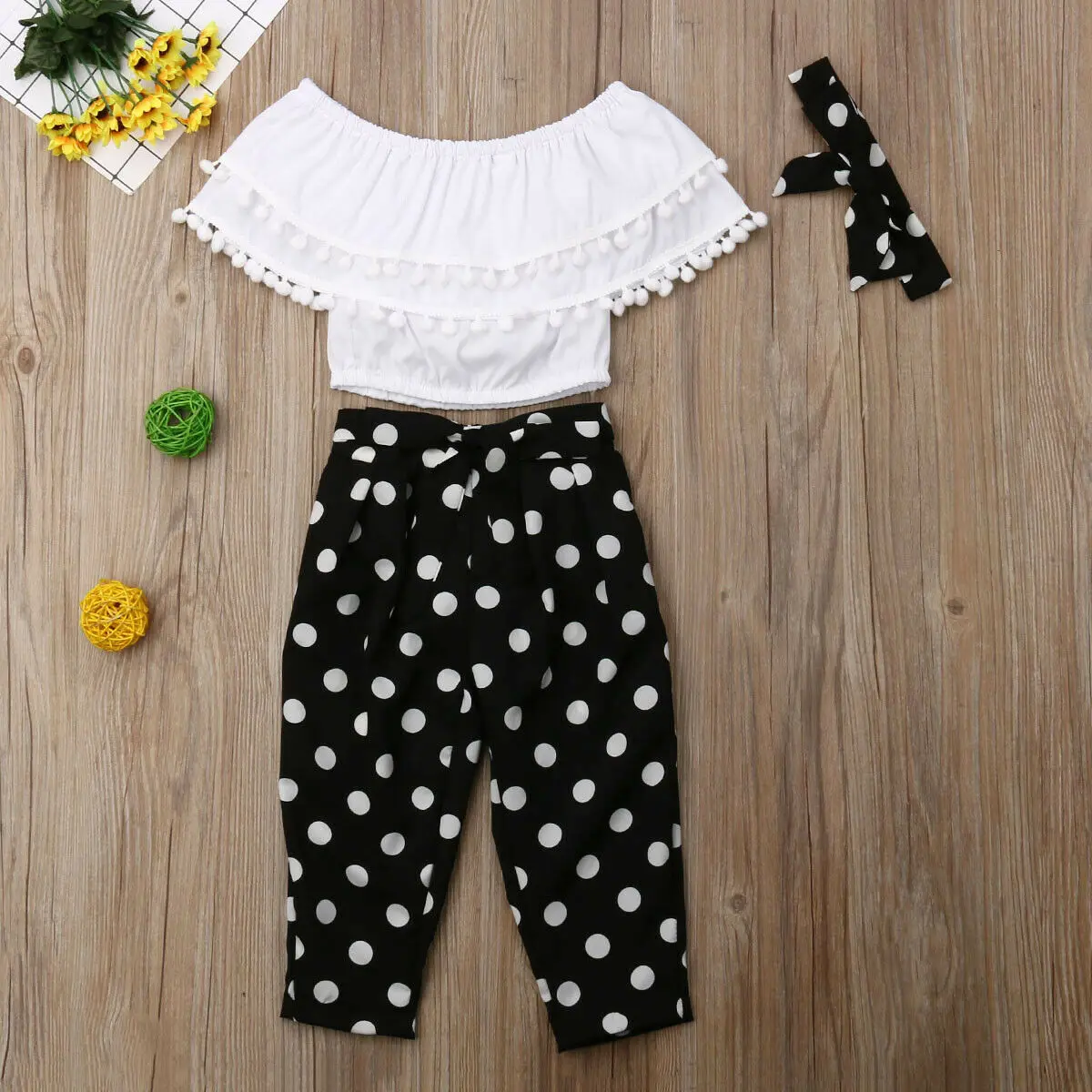Kids Girl Chiffon Ruffle Top Off-shoulder T shirt Polka Dot Trousers Pants Outfit Set | Мать и ребенок