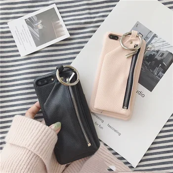 

PU Leather Case with Zipper Pocket for iPhone XS MAX XR X 7 8 Plus 6s plus Wallet Case with Ring Holder for iPhone 11 pro 7 8 6s