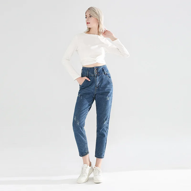 Lguc. H 7/8 джинсы для мам, свободные рваные джинсы с высокой талией, повседневные женские джинсы, Летние Осенние брюки, женская уличная одежда синего цвета XL - Цвет: 1