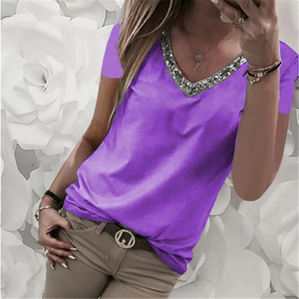 

Fashion Women T Shirt Casual Sexy Sequins Short Sleeve V-Neck Tops Casual T-Shirt Camisetas Manga Corta Mujer Women T-shirt