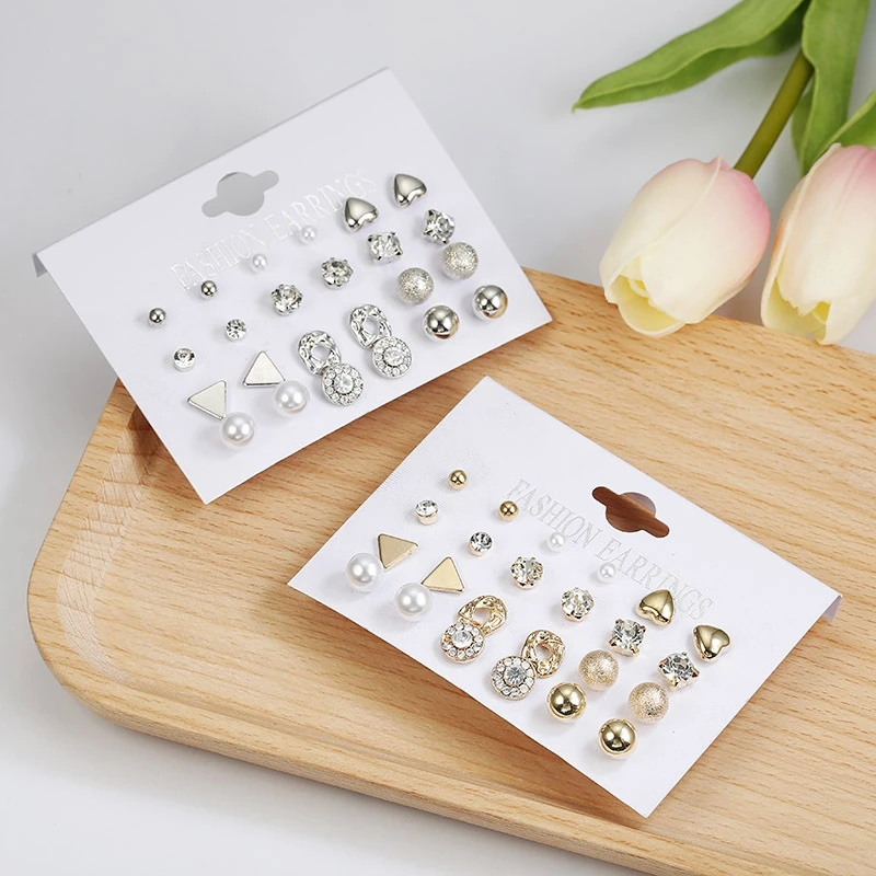 

12 pair/set Crystal Heart Stud Earrings Geometric Earrings For Women Piercing Simulated Pearl Flower Earrings Fashion Jewelry