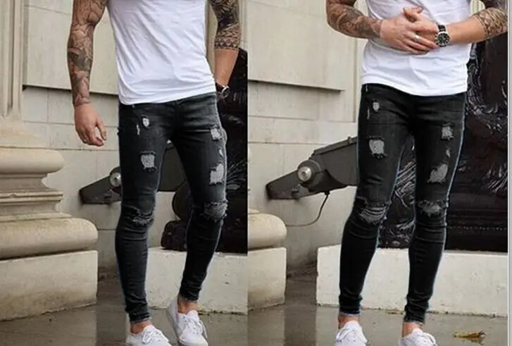 Men Ripped holes jeans skinny biker jeans black blue 2018 New jeans with Pleated patchwork slim fit hip hop jeans men pants
