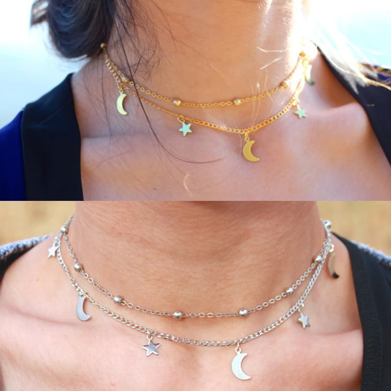 Винтажное золотое ожерелье с кисточкой и подвеской в виде звезды и Луны, модное Двухслойное ожерелье-Чокеры на цепочке для женщин, богемное ювелирное изделие