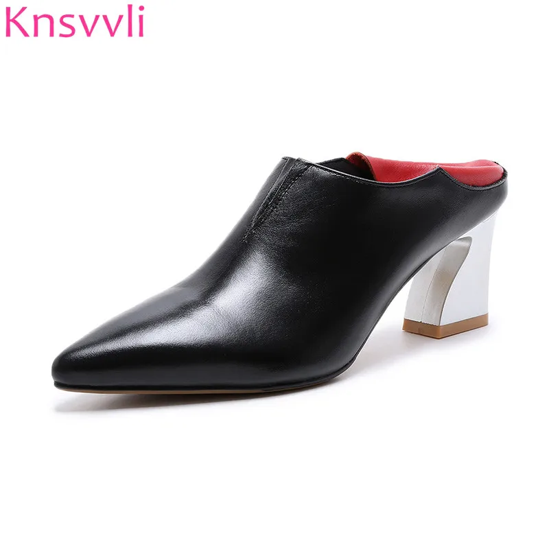 

Knsvvli Cowhide Mixed Color Strange Style Heel Ladies Shoes Point Toe V Mouth Retro Women Slippers Fashion High Heel Shoes Women