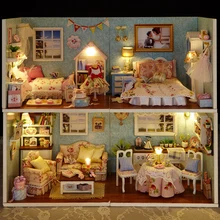 Casa de juguete Miniatura de madera 3D DIY serie felicidad 4 bloques DIY Stlys con muebles luces LED regalo de cumpleaños