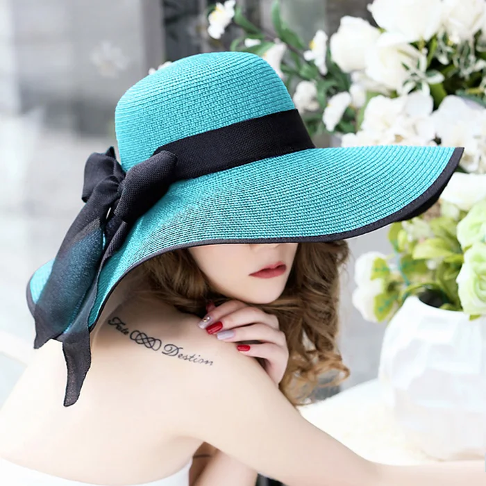 Летняя соломенная широкополая шляпа с большими полями, шляпа от солнца с широкими полями, пляжные складные шляпы с бантом, новинка, шляпы для женщин - Цвет: green
