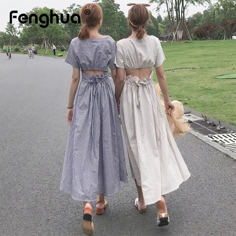 

Fenghua Summer Dress Women 2019 Sexy Back Hollow Out Plaid Long Party Dress Female Short Sleeve O-neck Elastic Waist Maxi Dress