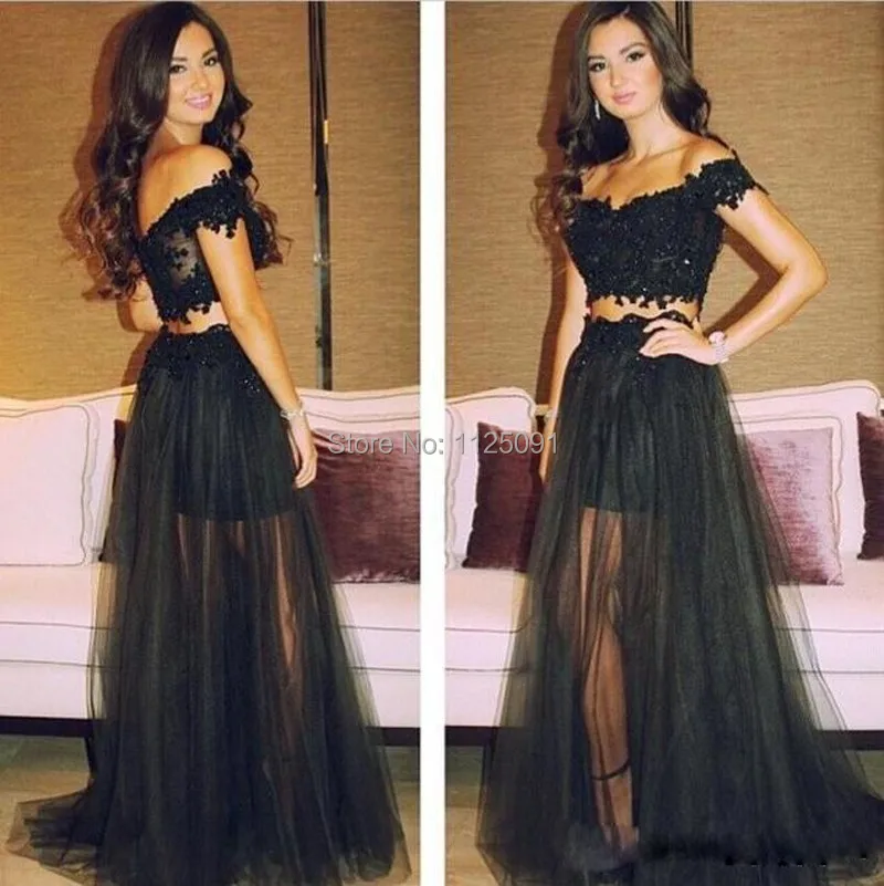 

Two Pieces Prom Dresses 2019 Off Shoulder Formal Dresses Beaded Appliques Sexy Pageant Dresses Ruffled Tulle Long Party Dresses