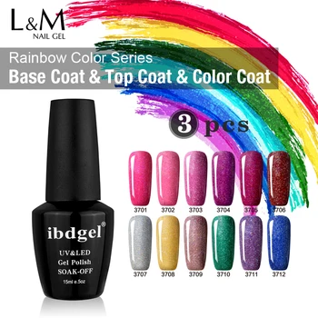 

3 Pcs ibdgel 15ml Rainbow Glitter UV Gel Professional Long-lasting Gel Varnish Soak Off Nail Gel Polish