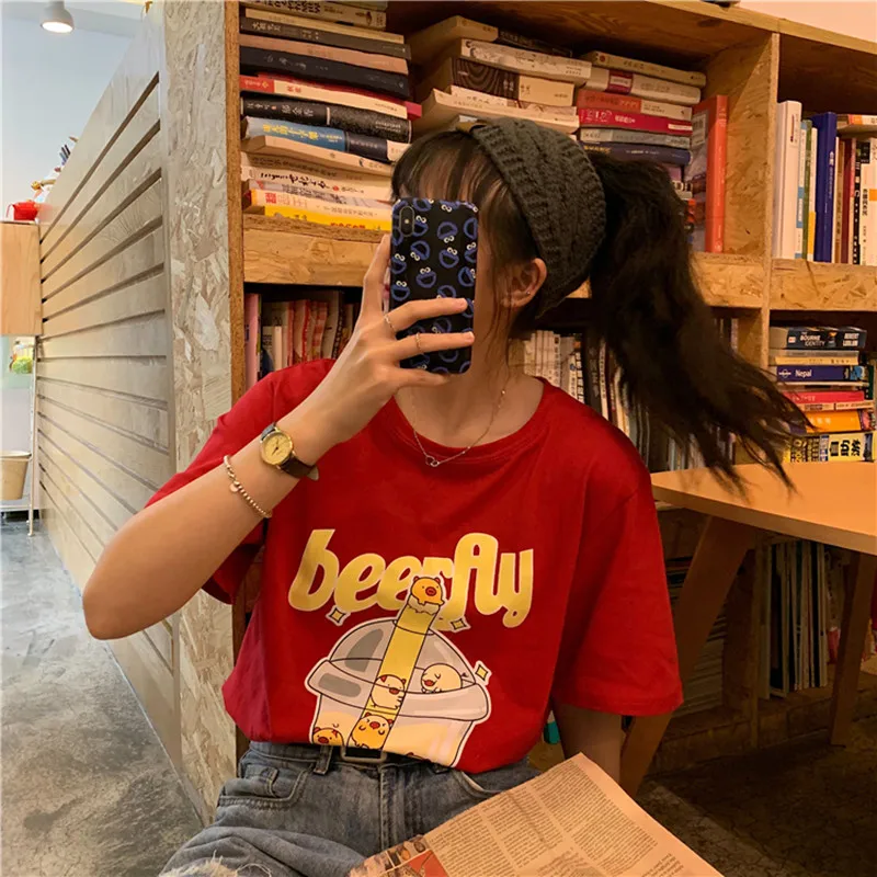 2 цвета Лето 2019 г. корейский стиль Свободные мультфильм печати футболки с
