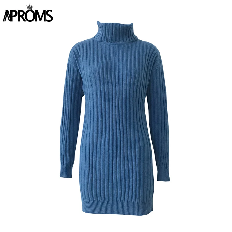 Aproms элегантное однотонное трикотажное платье-свитер с высоким воротником женские осенние сексуальные зимние платья с длинным рукавом с разрезом по бокам женские - Цвет: Синий