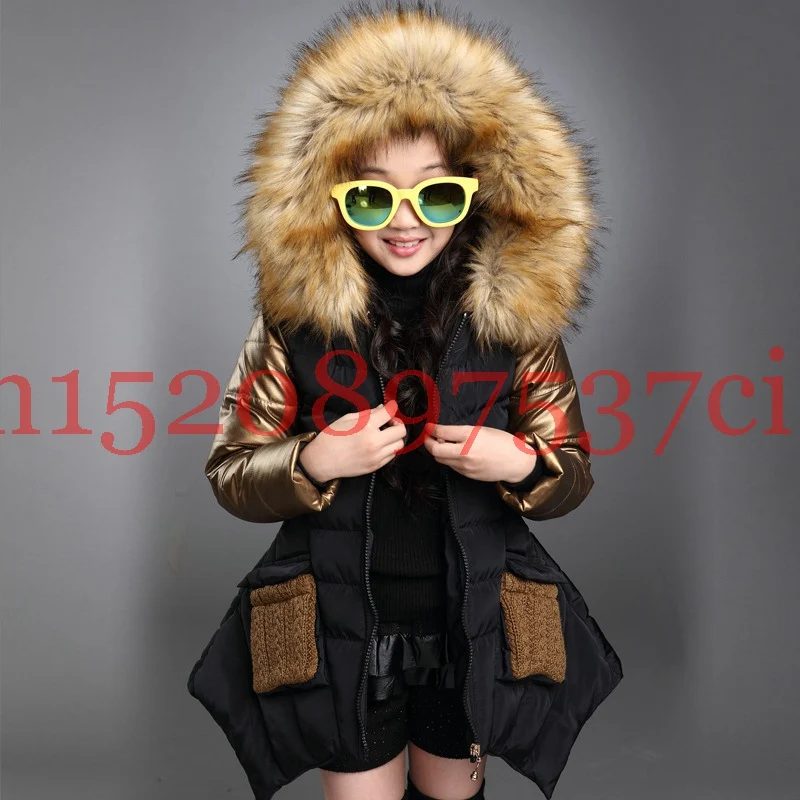 

100-170 CM Large Fur Collar Patchwork Girls Parka Down Coats Winter Jackets For Girls Warm Girl's Mid-long Outwear WUA81001