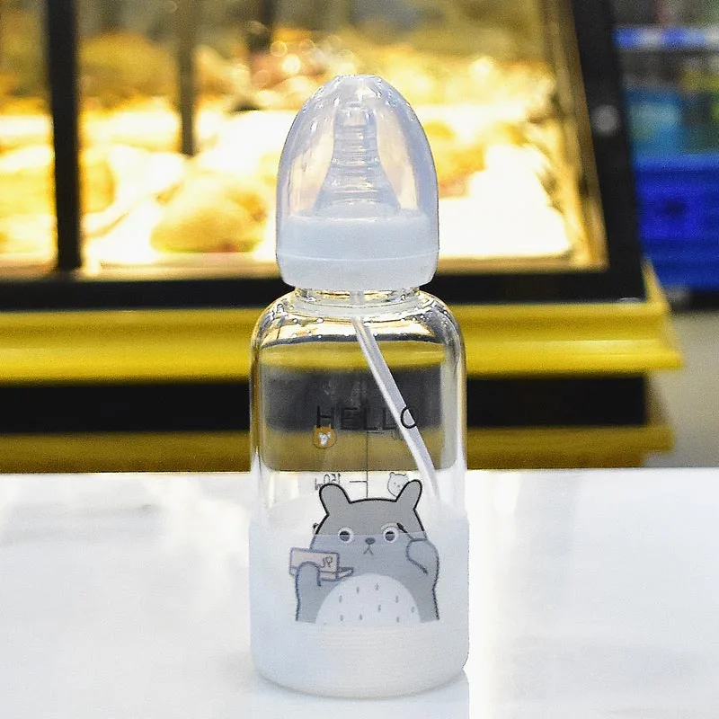 Детские бутылочки с милым мультяшным рисунком, автоматическая бутылочка для детей, обучающая пить, Нетоксичная стеклянная бутылочка для кормления, 300 мл - Цвет: Gray Bear