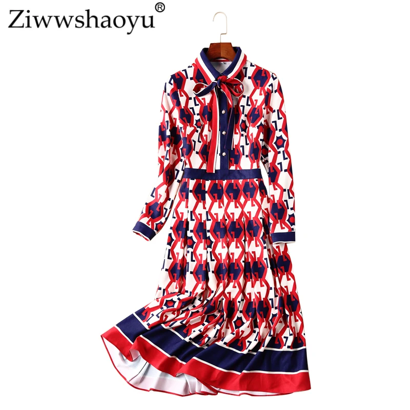 

Ziwwshaoyu Lndie Folk Draped DressTurn-down Collar Print A-Line Bow 2018 Autumn Runway New temperament Dress