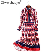 Ziwwshaoyu Lndie Folk Draped Dress Turn-Down Collar Print A-Line Bow