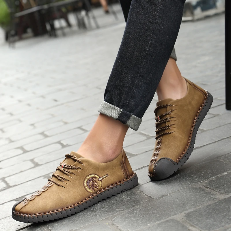 

Hot Sale 2019 Men Casual Leather Shoes Adult Handmade Soft Breathable Lace-up Flats Male Sneakers Zapatos Hombre Big Size 38-47