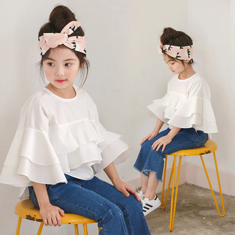 Everweekend Girls Kids White Color Ruffles Tops Bell Sleeve Sweet Baby Western Holiday New Fashion Tees | Детская одежда и обувь