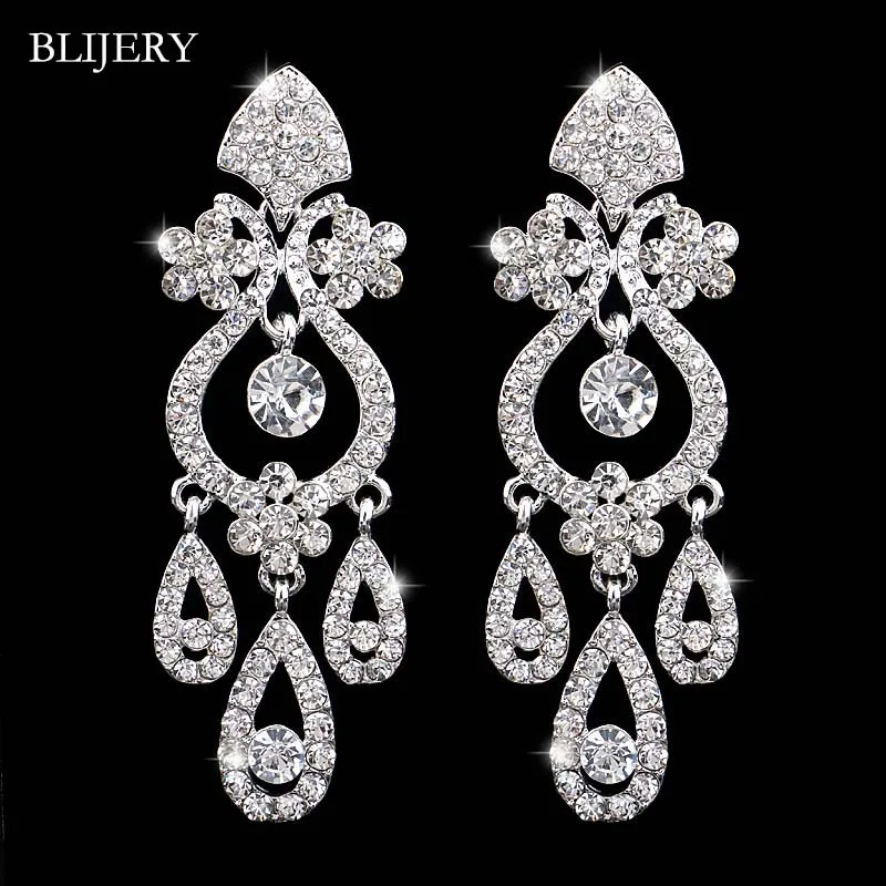 

BLIJERY Gorgeous Floral Chandelier Crystal Bridal Earrings Silver Color Rhinestones Long Drop Earrings for Women Wedding Jewelry