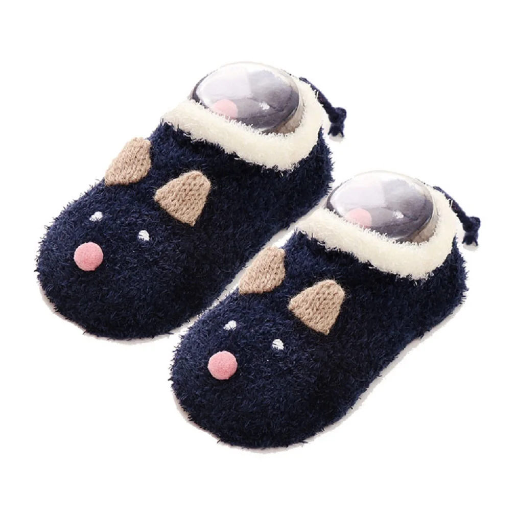 Милые зимние Носки для новорожденных детей теплая верхняя одежда с принтом животных, носки для маленького мальчика/девочки Младенческая изделия противоскользящие для малышей носки-тапочки детские носки - Color: Navy blue