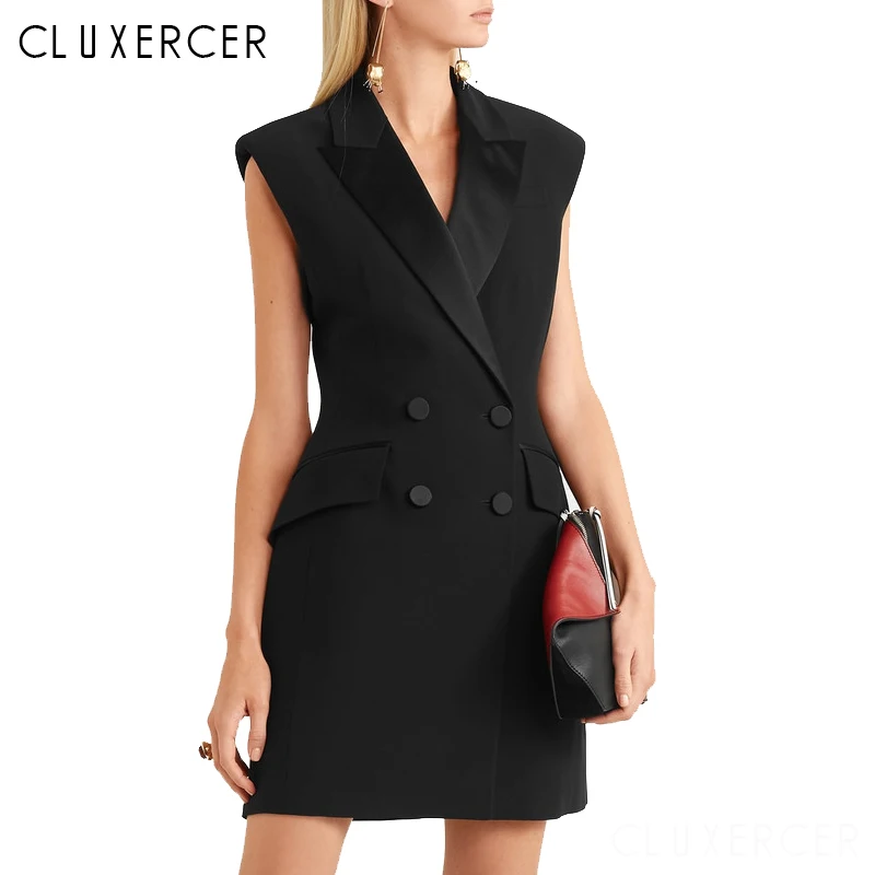 

Sleeveless Double Button Short Summer Tank Dress Women Notched Collar Bodycon Black Blazer Dress Female Office Party Dresses
